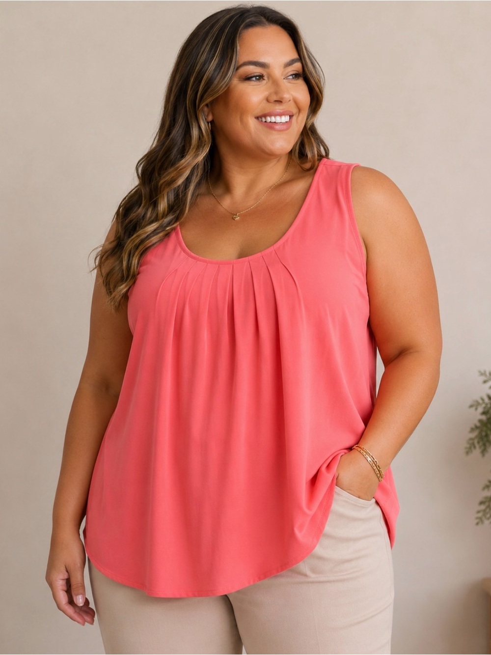 Zenana Coral Pink Sleeveless Pleated Scoop Neck Blouse Women’s 3X NWT